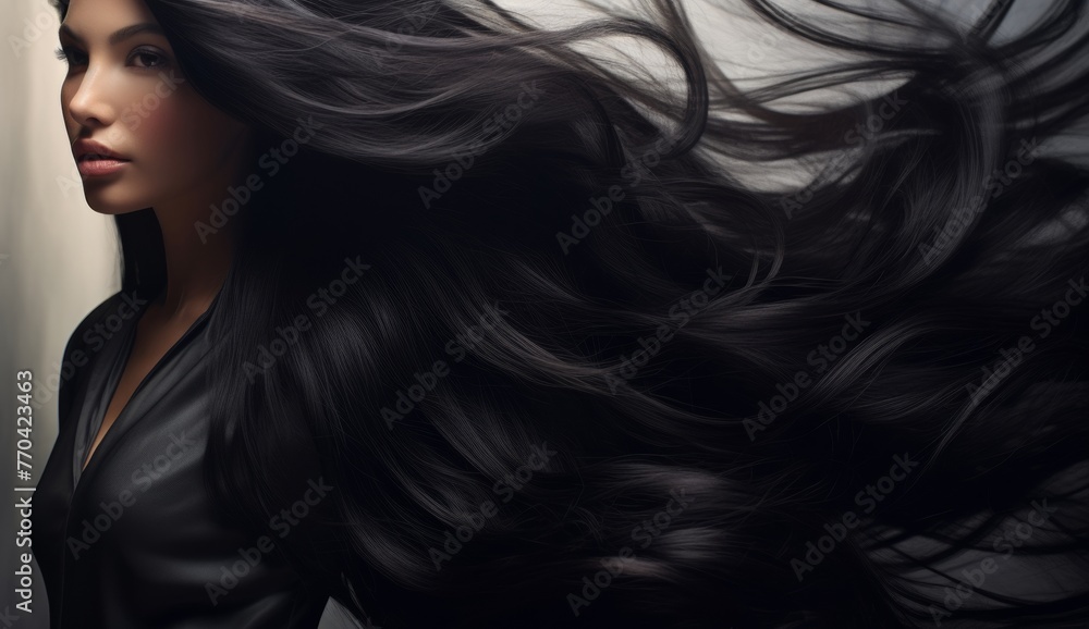 a woman with luscious, glossy, wavy black hair, radiating health and vitality with every sleek strand. a woman with luscious, glossy, wavy black hair, radiating health and vitality with every sleek strand.