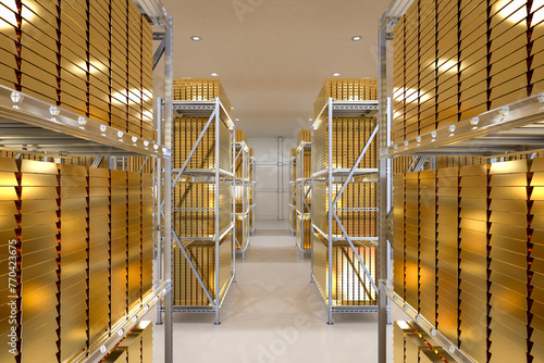 Heap of gold bullion in bank vault safe