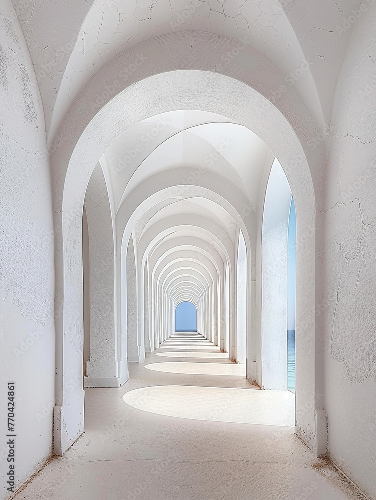 white neutral archway, diagonal composition wide shot, white neutral tones