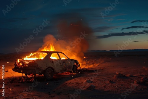 A burning car in the desert night