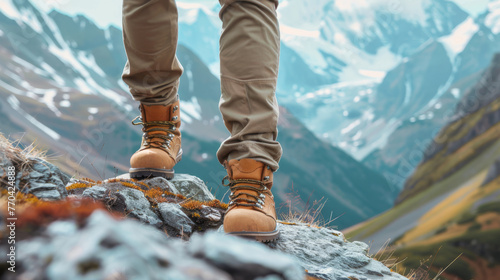 Los pies con botas de montaña se encuentran en una alta montaña. Concepto de senderismo y libertad. photo