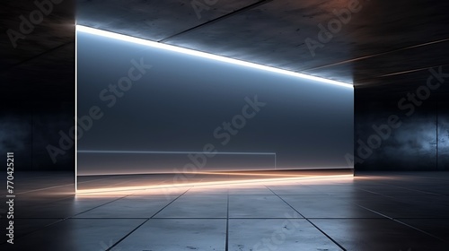 Sci Fi Futuristic Lighted Big Glass In Concrete Room With Refelctive Ceiling And Floor On The Dark Billboard Concept 3D Rendering