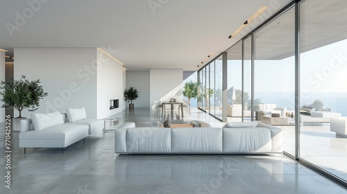 Corner of panoramic living room with white walls, concrete floor, comfortable white sofa and armchairs near coffee table and dining table with white armchairs. 3d rendering