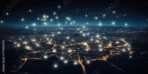 night sky and europe's satellite glowing with light, in the style of fragmented icons, intertwined networks, exacting precision, dynamic spatial relationships, villagecore, 