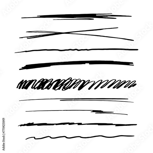  strikethrough underlines, set brush stroke, marker lines grunge curve, wvy free hand marks textured simple borders isolated on white background. Creative collection scribble brush or crayon checks