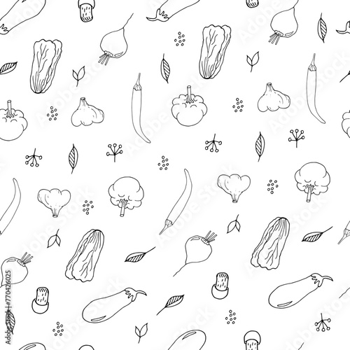 Seamless pattern with vegetables. Doodle style.