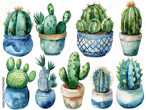 Harmonious set of potted cacti, painted in Japanese watercolor style, isolated on white, perfect for creating peaceful sticker designs and greetings , high resolution DSLR, 8K, high detailed, super de