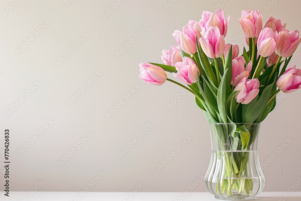 Elegant pink tulips arranged in a clear glass vase against a soft beige background, perfect for springtime decor. Generated AI Elegant pink tulips arranged in a clear glass vase against a soft beige background, perfect for springtime decor. Generated AI