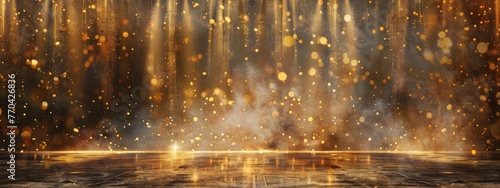 Gold and flashing lights illuminate an outdoor stage with a floor, creating an atmospheric abstraction, dotted and poignant, worthy of a contest winner. photo
