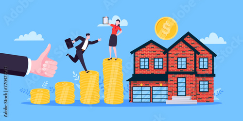 Mortgage refinance to buy a house flat style design business concept. Real estate property or mortgage loan investment. Business people climb money coin stack and home building vector illustration.