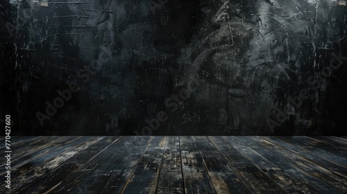 Black wooden floor and dark abstract wall interior texture for display products wall background.