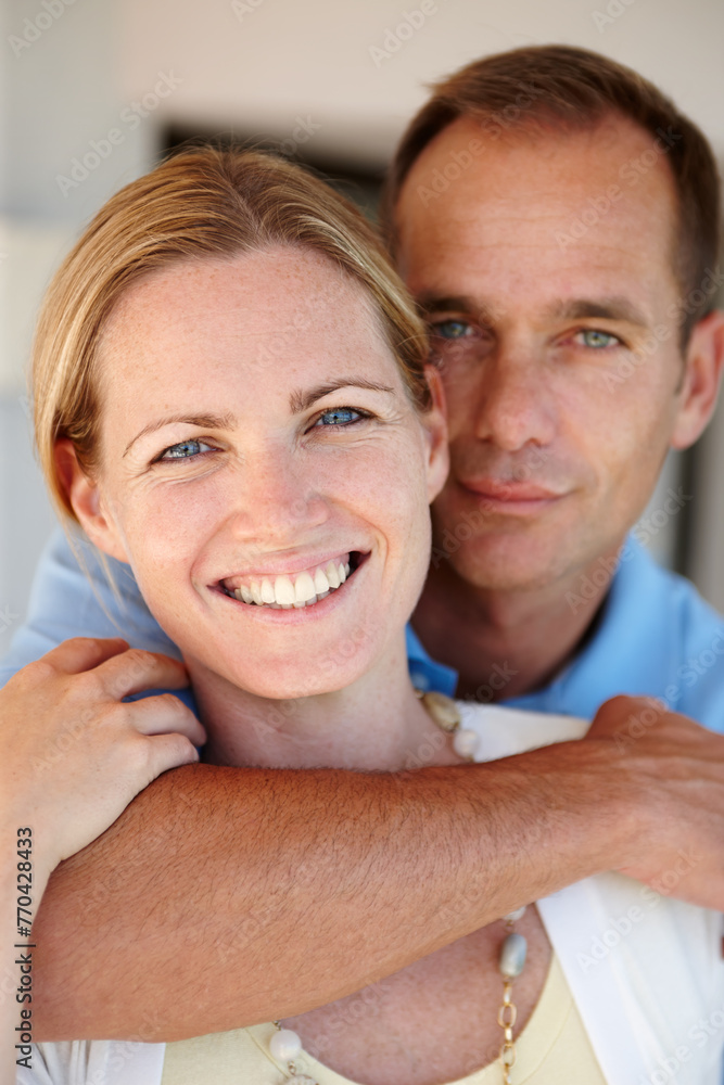 Smile, portrait and couple in hug to relax, love and proud of marriage milestone in home. Happy, embrace and people for relationship achievement, romance and bonding in apartment for enjoyment Smile, portrait and couple in hug to relax, love and proud of marriage milestone in home. Happy, embrace and people for relationship achievement, romance and bonding in apartment for enjoyment