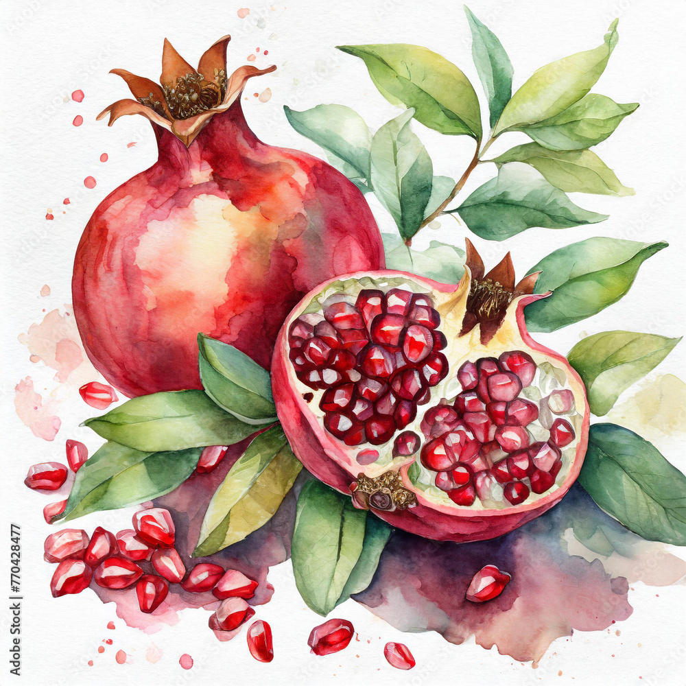 Watercolor illustration. Composition of two pomegranates with seeds and leaves. - obrazy, fototapety, plakaty 
