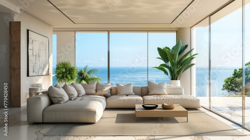 large, bright living room with huge windows on the right side, showing an ocean. Room has a big sand colored sofa, a sofa table, art on the walls and a big green plant. Photo realistic  © chaynam
