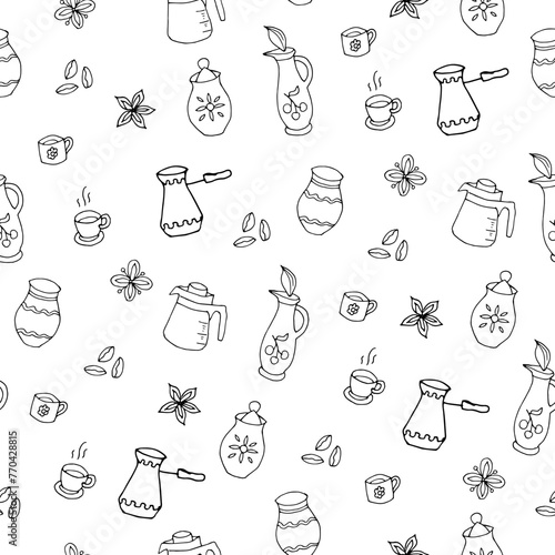 Seamless pattern with kitchen utensils, cups, kettles. Doodle style.