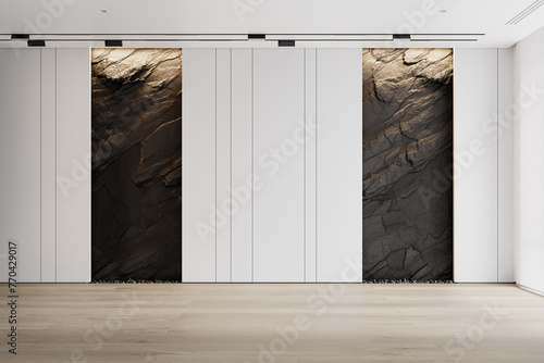 Contemporary black white empty interior with rock stone wall and moldings. 3d render illustration mockup.