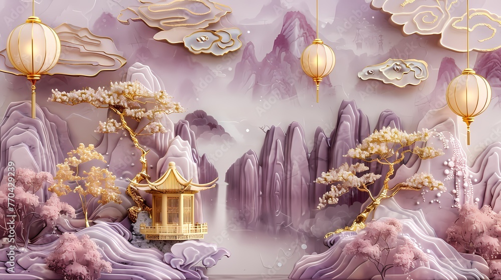 Traditional light purple lantern relief mural poster background - obrazy, fototapety, plakaty 