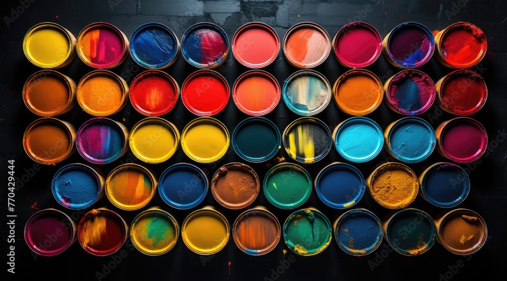 paint cans of different colored paint on a dark background, in the style of pop-inspired installations, light indigo and orange, dark red and teal, black paintings, orderly symmetry, bold color paint cans of different colored paint on a dark background, in the style of pop-inspired installations, light indigo and orange, dark red and teal, black paintings, orderly symmetry, bold color