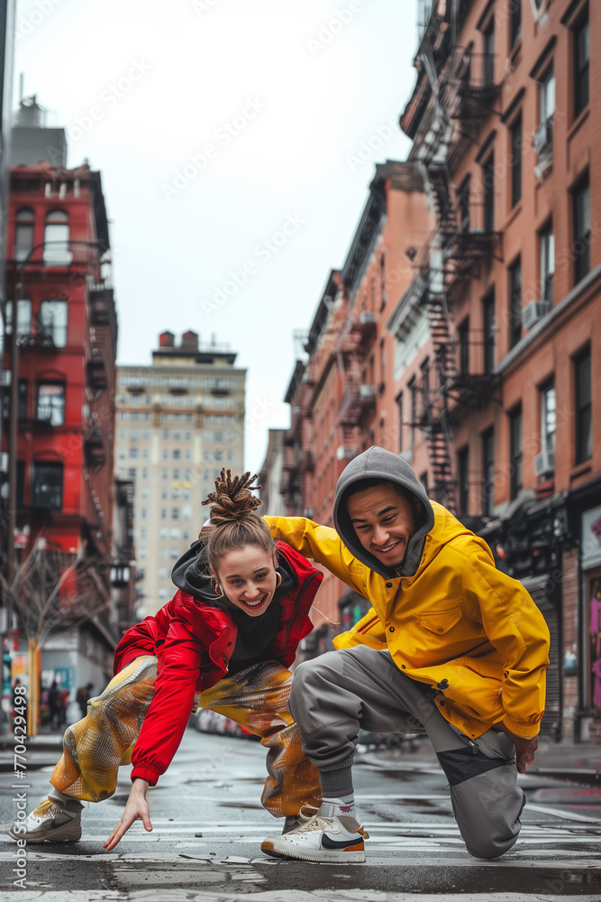 portrait of young couple of african american and caucasian teenagers dancing breakdance style, detail of the motion, generation z lifestyle - obrazy, fototapety, plakaty 