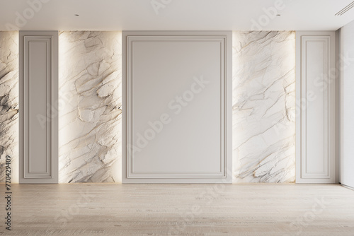 Contemporary white empty interior with rock stone wall and moldings. 3d render illustration mockup.