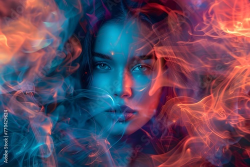 portrait of a beautiful woman looking in the camera, made from colorful glowing smoke in the style of digital art, on a dark background