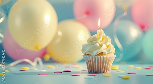 party concept for cupcake with candle on blue background with balloons  in the style of romantic soft focus and ethereal light  light yellow and light pink  