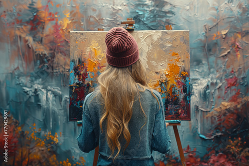 A woman channels her creativity by painting a masterpiece on canvas  expressing herself through vibrant colors and intricate brushstrokes. Concept of artistic relaxation. Generative Ai.