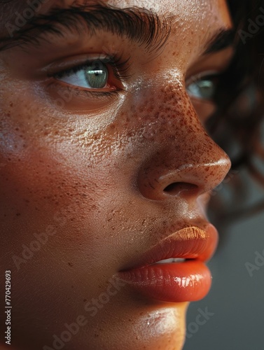 Closeup of a translucent cheek, hyperrealistic, clean and sharp detail, no contrast, professional color grading , hyperrealistic