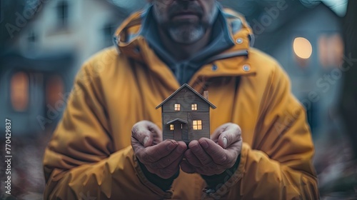 man holding a tiny model house, in the style of orton effect, light amber and gray, representational, ferrania p30, poignant, wood, yankeecore  photo
