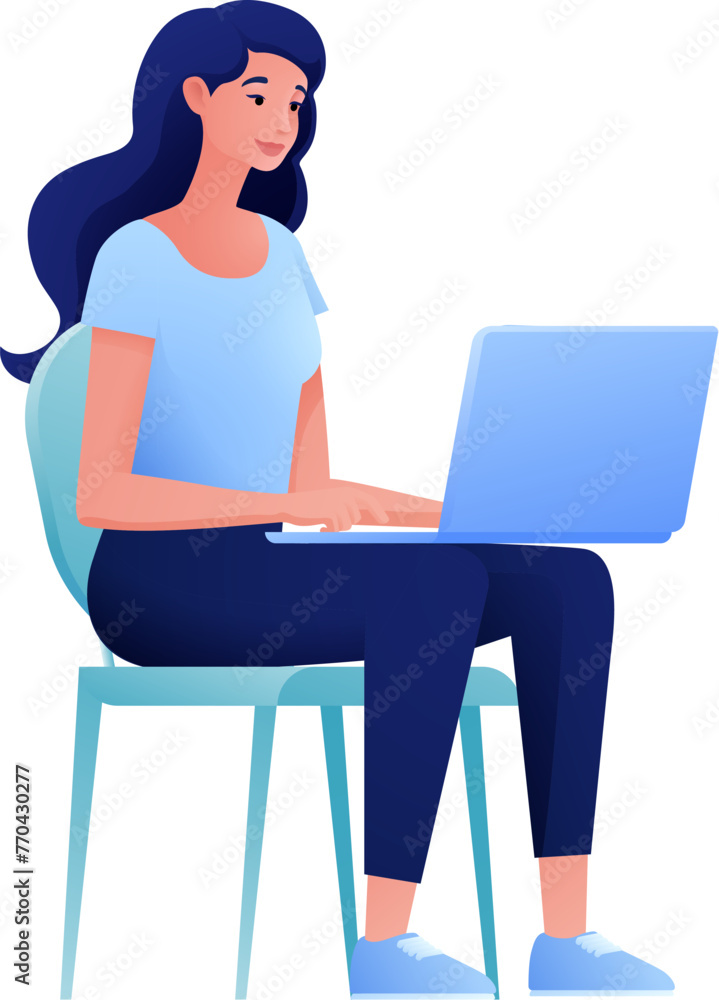 A woman, person, using a laptop computer cartoon illustration. Possibly remote working online from home or running a business as an entrepreneur or freelancer. Could also be a college student studying A woman, person, using a laptop computer cartoon illustration. Possibly remote working online from home or running a business as an entrepreneur or freelancer. Could also be a college student studying