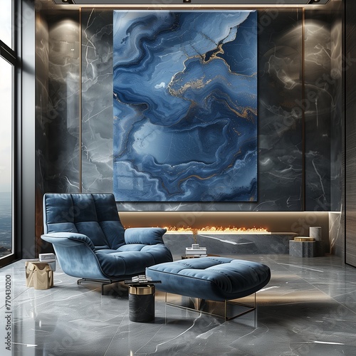 Modern Living Room with Armchair and Fireplace Featuring Blue Marble Wall photo