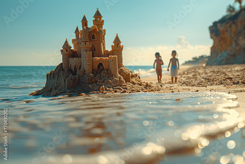 A family spends the day at the beach, building sandcastles, swimming in the ocean, and soaking up the sun. Concept of seaside leisure. Generative Ai.