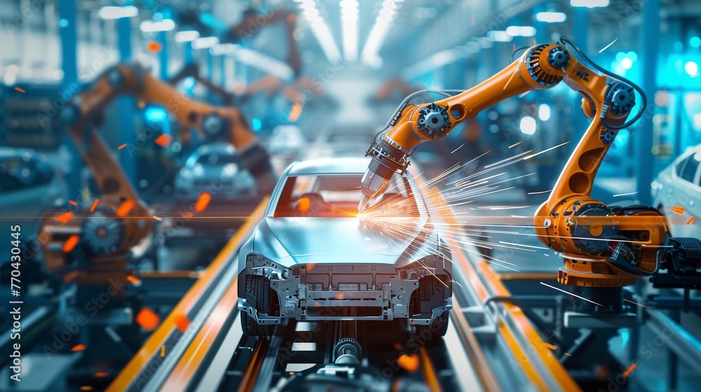 Futuristic Automotive Manufacturing: Robotic Arm Welding Electric Car Futuristic Automotive Manufacturing: Robotic Arm Welding Electric Car