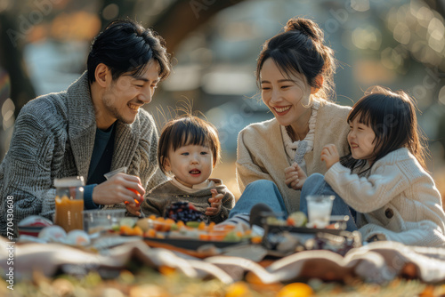 A family enjoys a picnic in the park, playing games, and sharing stories while lounging on blankets spread out on the grass. Concept of outdoor family bonding. Generative Ai.