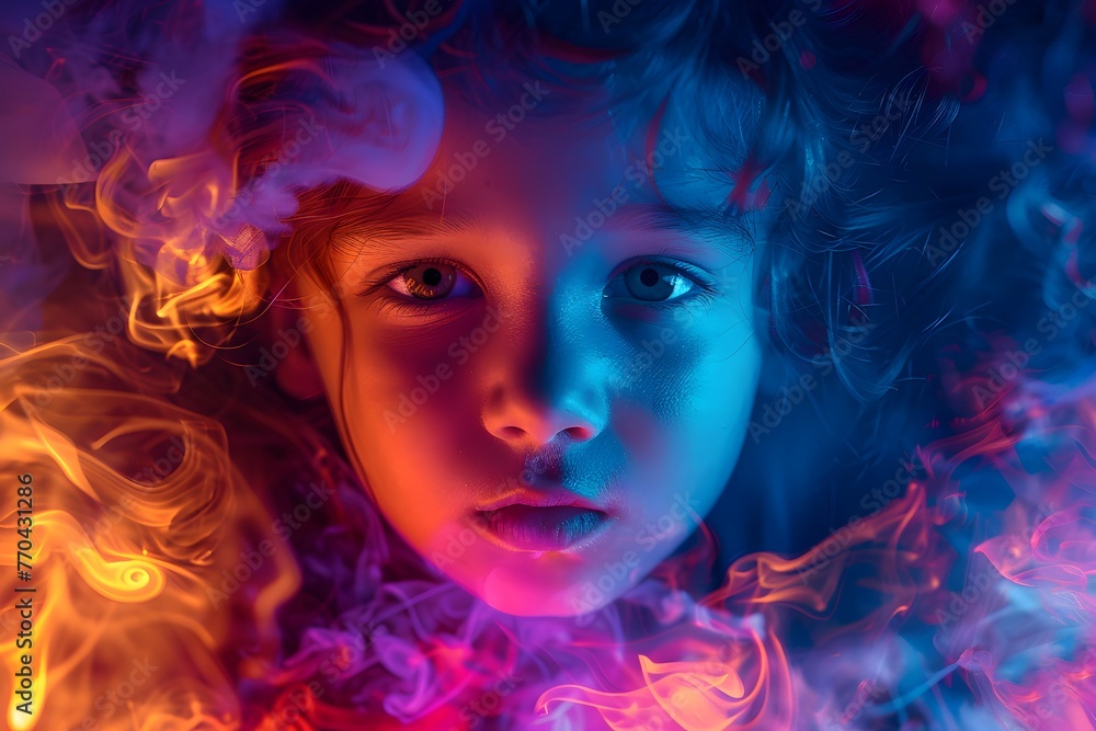 portrait of a beautiful child looking in the camera, made from colorful glowing smoke in the style of digital art, on a dark background portrait of a beautiful child looking in the camera, made from colorful glowing smoke in the style of digital art, on a dark background
