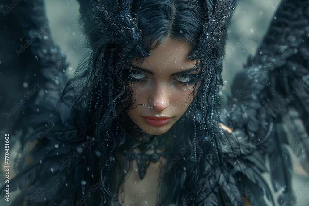 Ethereal Morrigan, the goddess of fate and battle, soars through the mist-shrouded battlefield, foretelling the destinies of warriors with her piercing gaze.  Generative Ai.