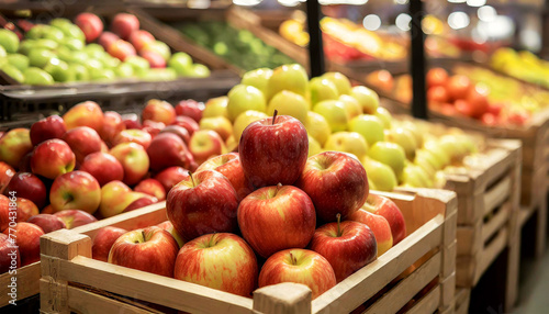 Close-up of a large group of wooden crates full of fresh ripe apples at the market or store with a great variety of choice. Buying vegetables and fruits at the market. Generative Ai.