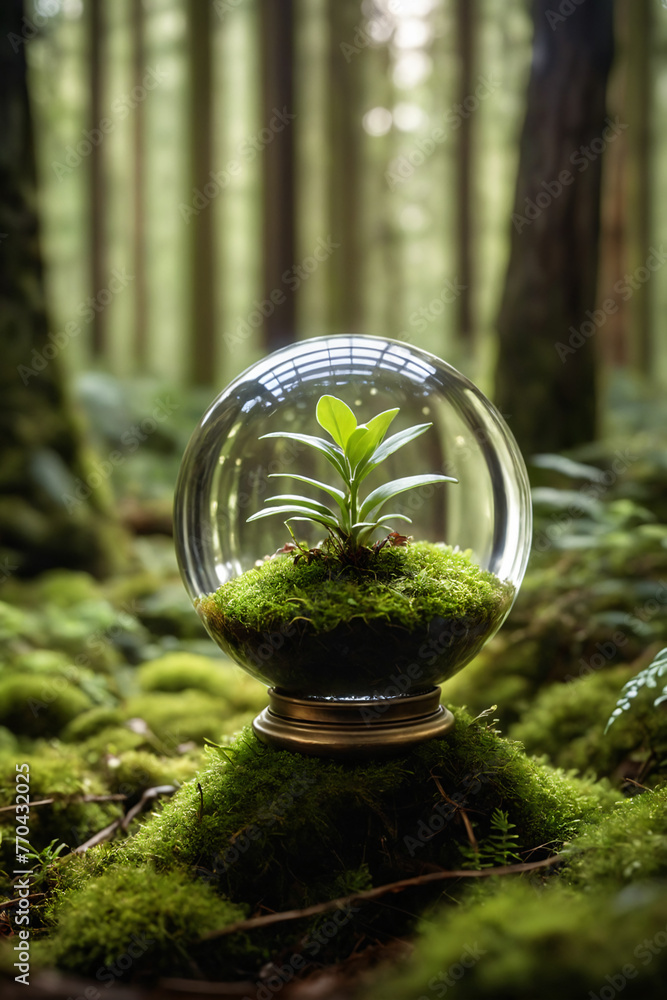 A crystal globe with a small plant inside, on moss in a forest - Environment concept