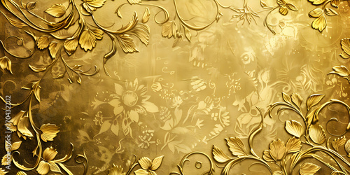 Background texture of golden wallpaper with scrollwork bright golden ornamental wall background. photo