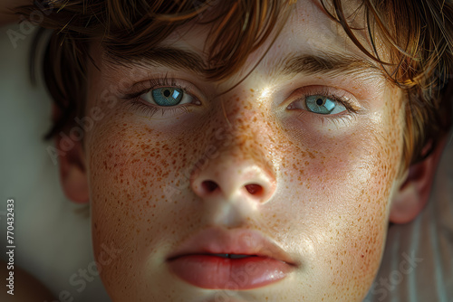 A teenager with a birthmark on his face feels alienated from his peers, experiencing feelings of shame and insecurity about his appearance.  Generative Ai. © Sebastian