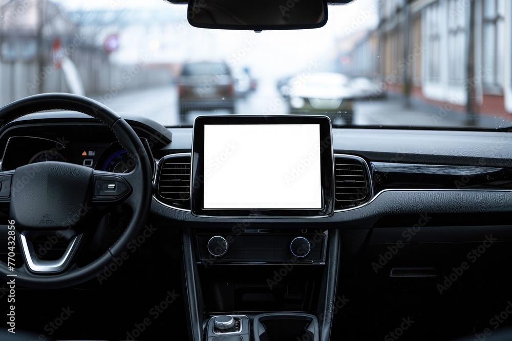 Close-up of a modern vehicle's dashboard featuring a blank infotainment screen, with a blurred street in the background Close-up of a modern vehicle's dashboard featuring a blank infotainment screen, with a blurred street in the background