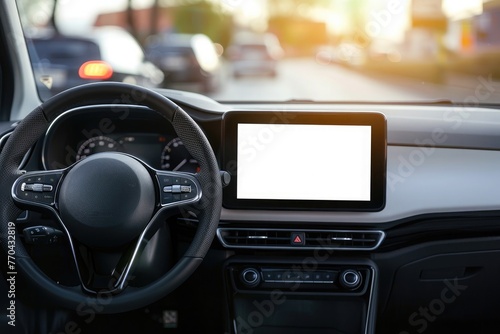 Close-up of a modern vehicle's dashboard featuring a blank infotainment screen, with a blurred street in the background © ttonaorh