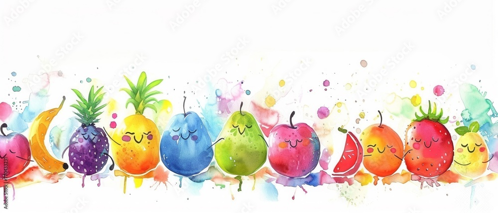Quirky watercolor fruit characters in a band, vivid colors, dynamic composition, festive atmosphere, front angle , 8K resolution