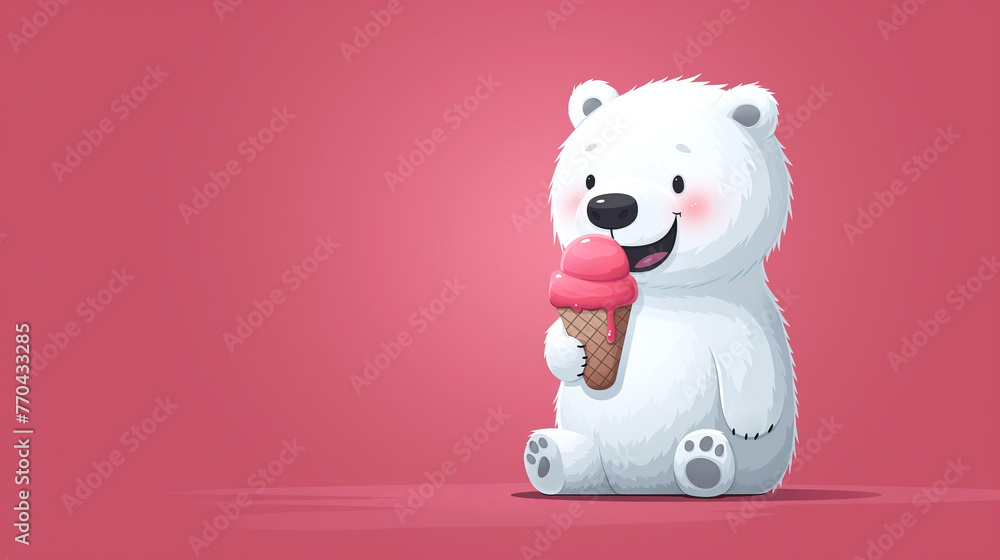 Obraz premium Cute polar bear eats ice cream on pink background