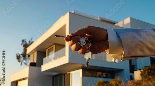 realtor holding the keys of a house, flat shapes, combining natural and man-made elements, crowcore, captivating, keos masons  photo