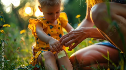 Mother applying bandaid to child's knee outdoors photo