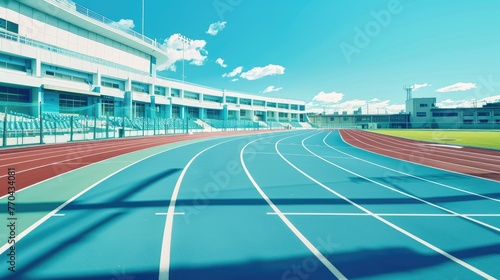 run at the school stadium simple background  light blue and white and green High angle view Minimalism  ultra resolution 