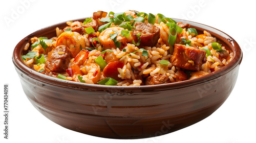 Jambalaya rice food on bowl, isolated white background