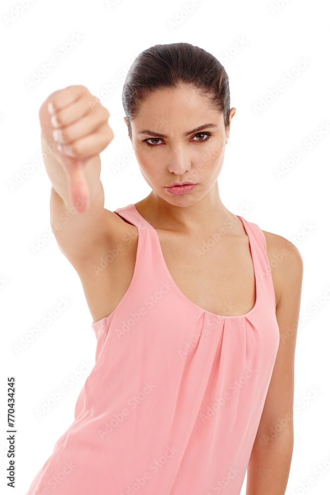 Woman, portrait and thumbs down for review, feedback or vote with disappointment or wrong on white background. Hand gesture, no way or dislike emoji with opinion, problem or fail sign in studio Woman, portrait and thumbs down for review, feedback or vote with disappointment or wrong on white background. Hand gesture, no way or dislike emoji with opinion, problem or fail sign in studio