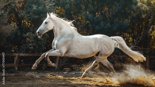 sideview of a white horse jumping and running   photo